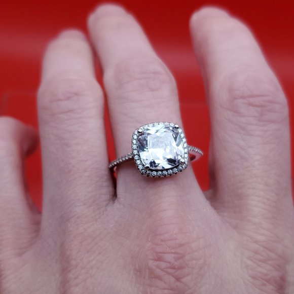 Size 10.5 925 Sterling Silver Square Cubic Zirconia Halo Ring - Picture 4 of 8